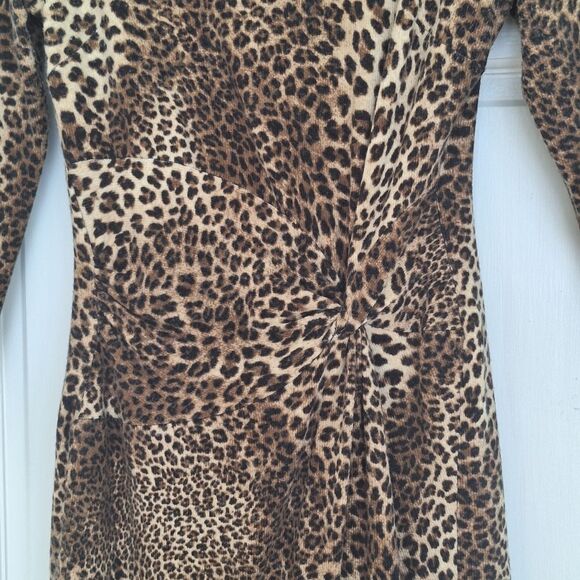 Cache Leopard Print Bodycon Dress Made in USA Large Lined Stretchy Long Sleeves - Picture 11 of 16